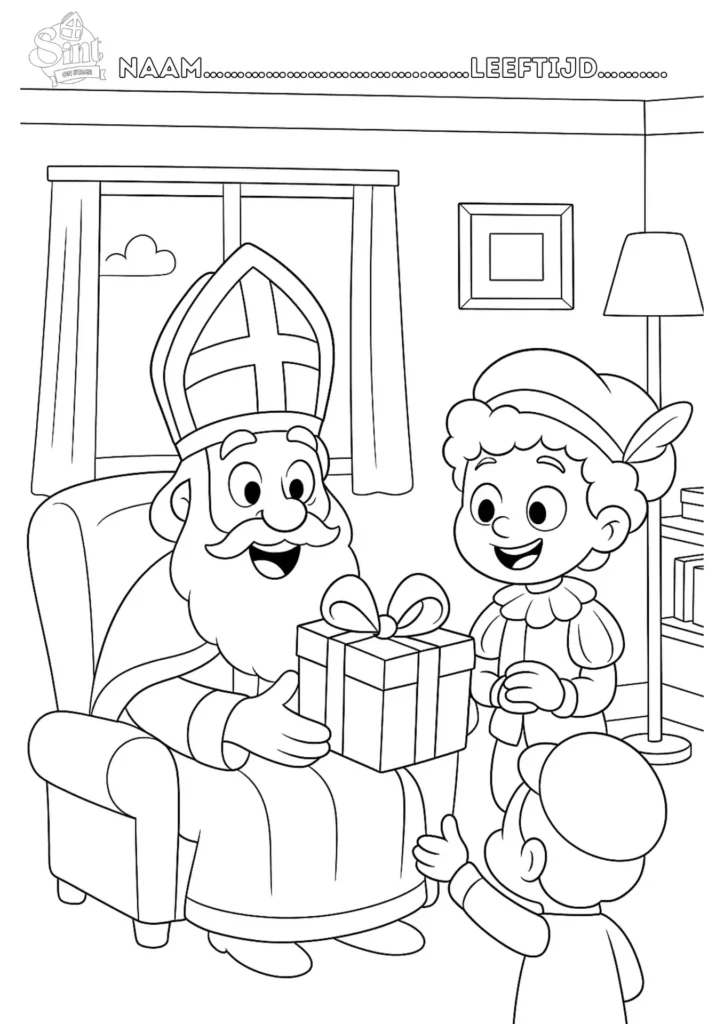 kleurplaat van sinterklaas bij iemand thuis